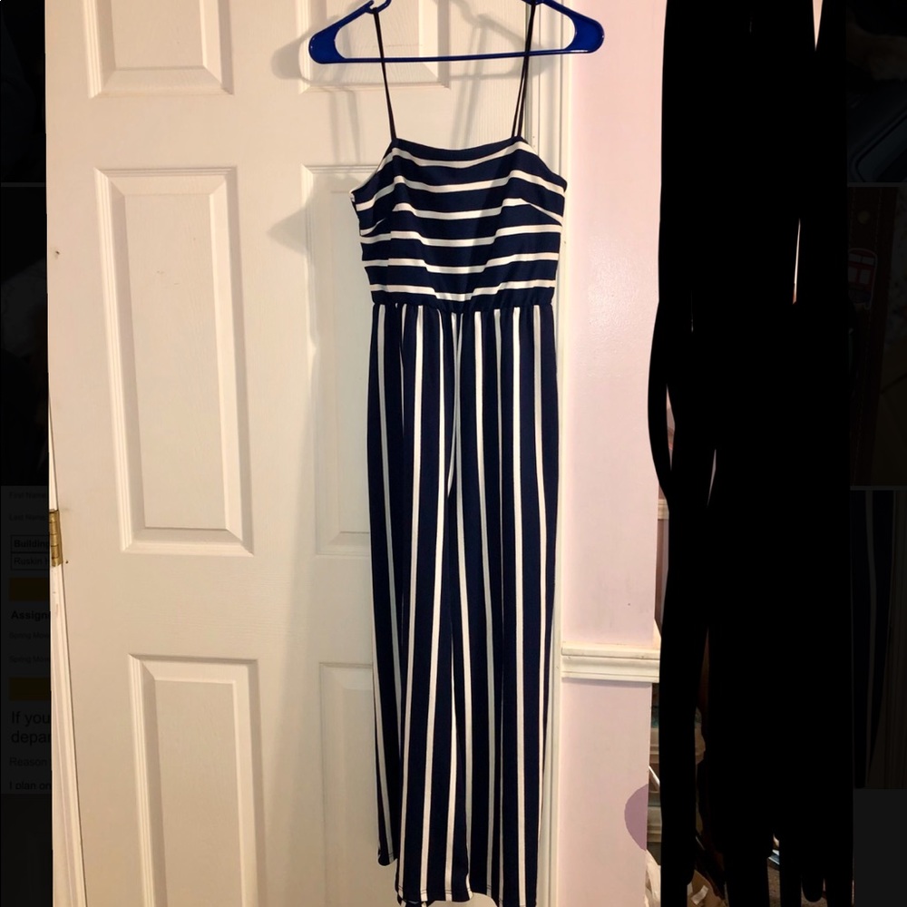 Navy, white-striped jumpsuit
